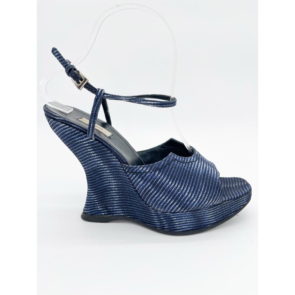 Prada Vintage Fall 2004 Runway Blue Wavy Striped Platform Wedge Sandals IT 38.5 - Picture 4 of 13